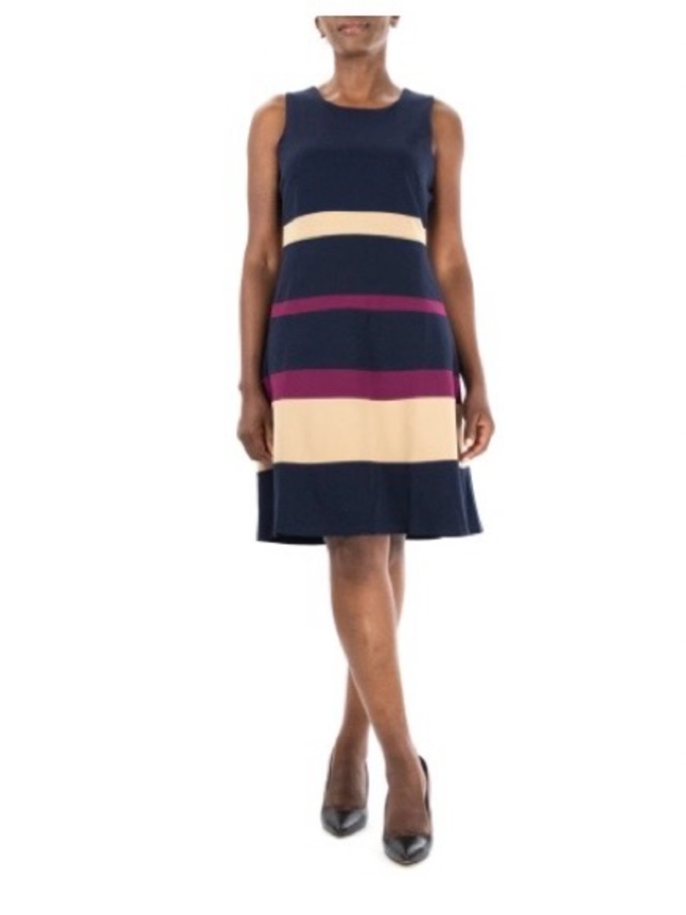 Nina Leonard Navy Sleeveless Colorblock Dress